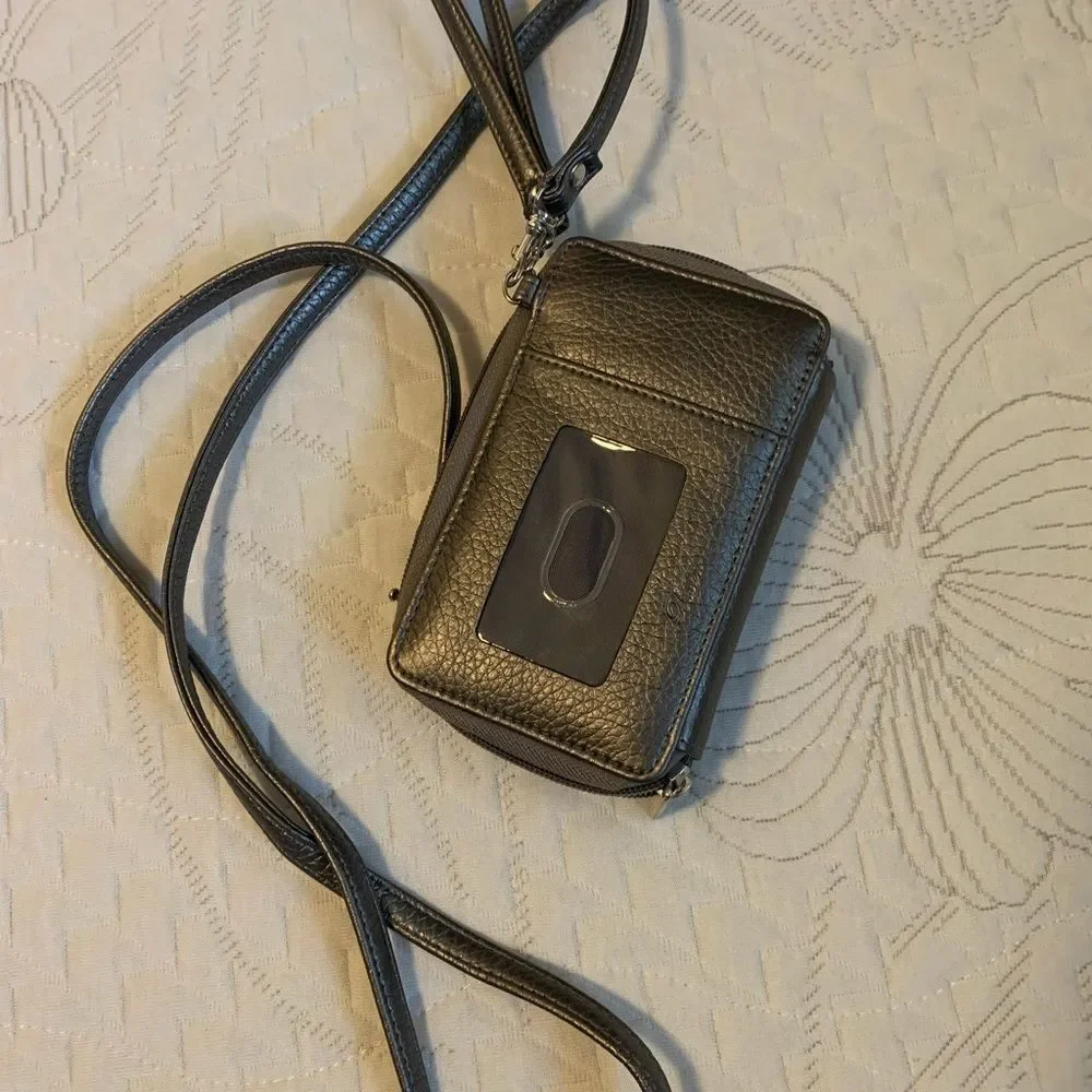 Buxton Womens Crossbody Wallet Purse Gray Pewter Metallic Accordion Cell Phone B